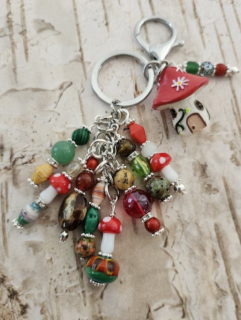 Mushroom Purse Charm or Keychain Aventurine Agate Carnelian Handcrafted